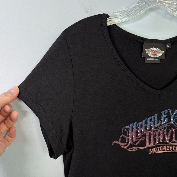Harley-Davidson Motorcycles Black V-Neck Rhinestone Logo T-Shirt Women's Size L - Picture 5 of 12